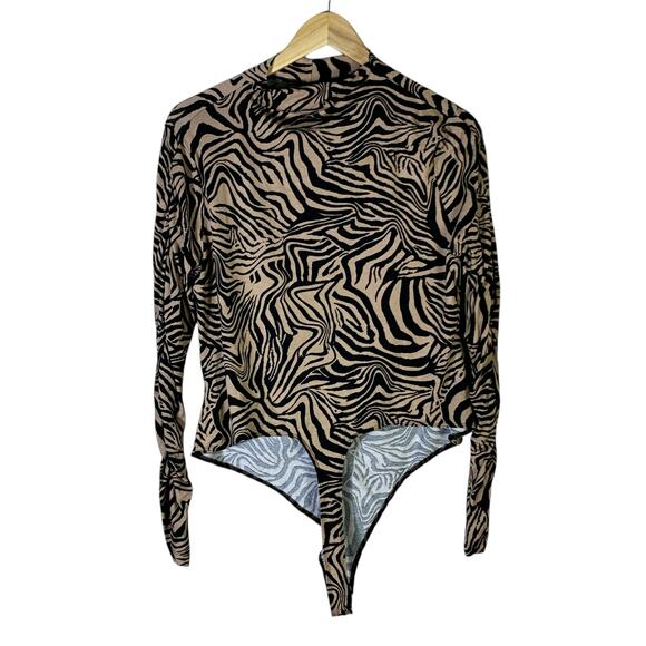 ASOS Design Zebra Print Ruched Bodysuit Womens 14 Tan Black Glam Night Out Y2K - Picture 5 of 7